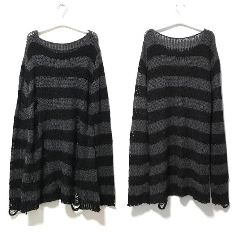 Gothic Striped Sweater: Edgy Punk Style Statement for Women