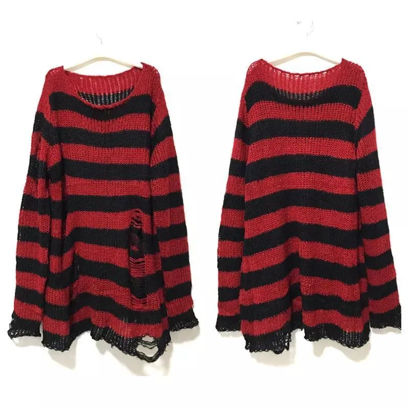 Gothic Striped Sweater: Edgy Punk Style Statement for Women