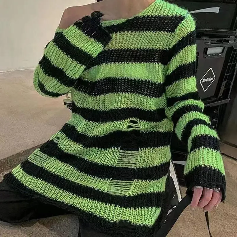 Gothic Striped Sweater: Edgy Punk Style Statement for Women