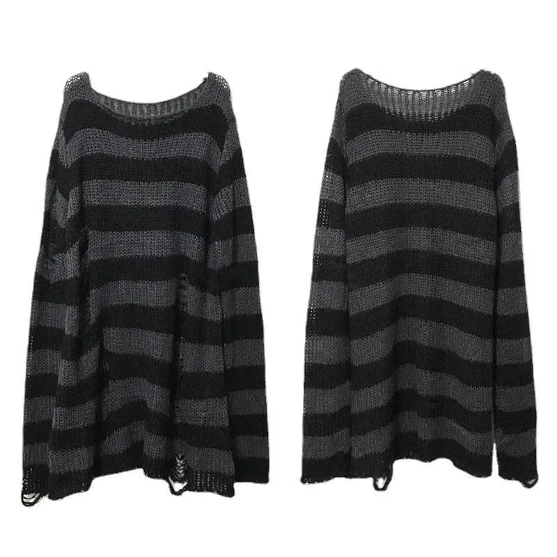 Gothic Striped Sweater: Edgy Punk Style Statement for Women