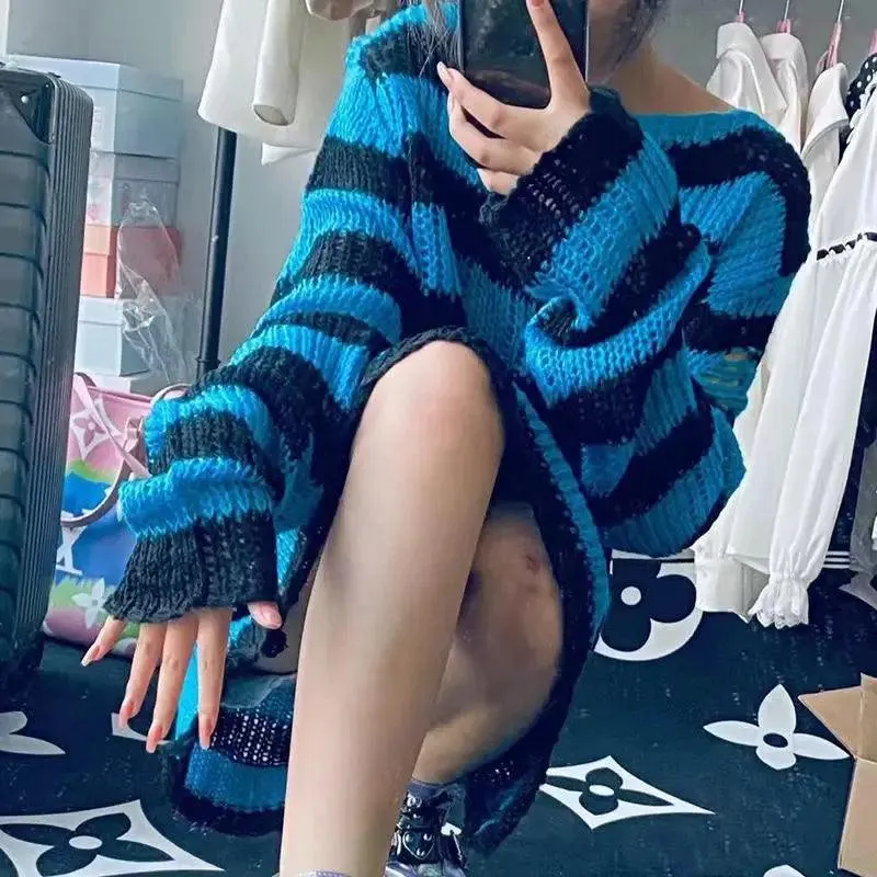 Gothic Striped Sweater: Edgy Punk Style Statement for Women