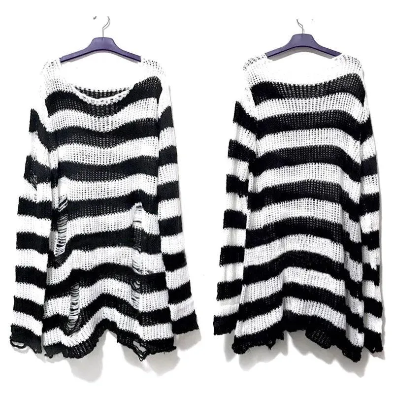 Gothic Striped Sweater: Edgy Punk Style Statement for Women