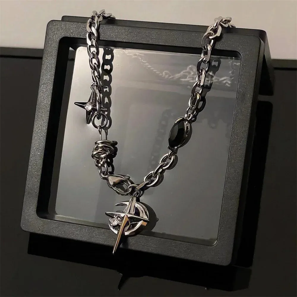 Hip Hop Moon Star Pendant Necklace For Men Women Titanium Steel Spliced Sweater Chain Kpop Unisex Jewelry Street Punk Accessorie