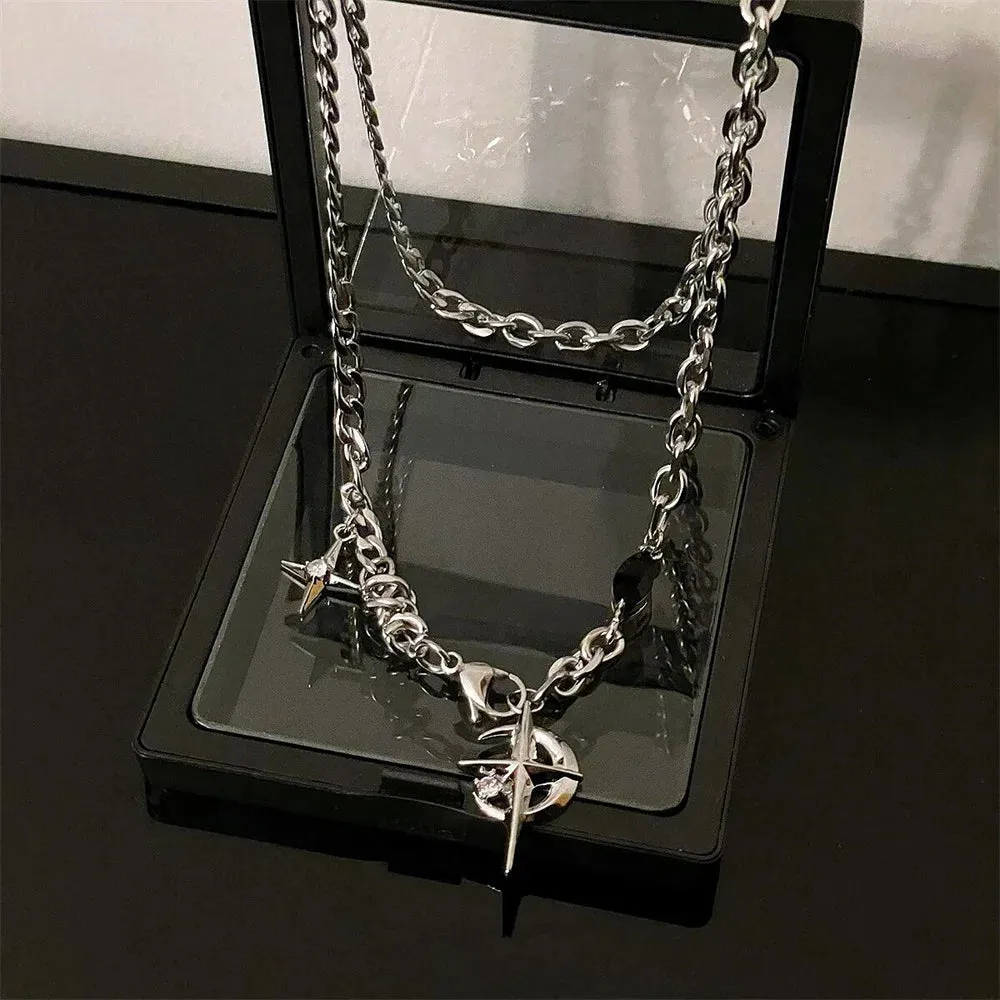 Hip Hop Moon Star Pendant Necklace For Men Women Titanium Steel Spliced Sweater Chain Kpop Unisex Jewelry Street Punk Accessorie