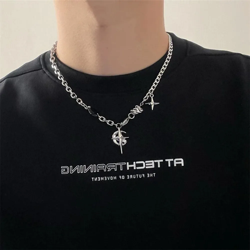 Hip Hop Moon Star Pendant Necklace For Men Women Titanium Steel Spliced Sweater Chain Kpop Unisex Jewelry Street Punk Accessorie