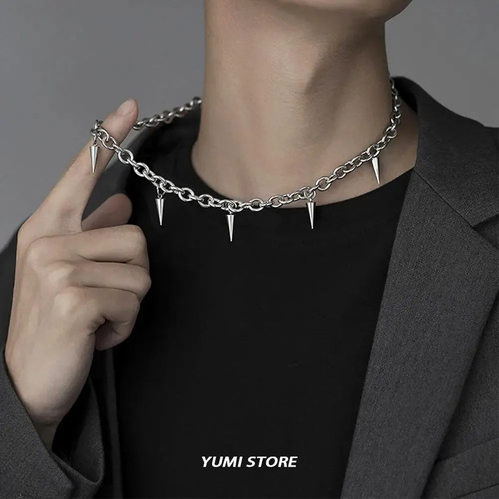 Hip Hop Rivet Necklace For Man Woman Titanium Steel Cone Pendant Sweater Chain Choker Jewelry Punk Male Cool Accessories