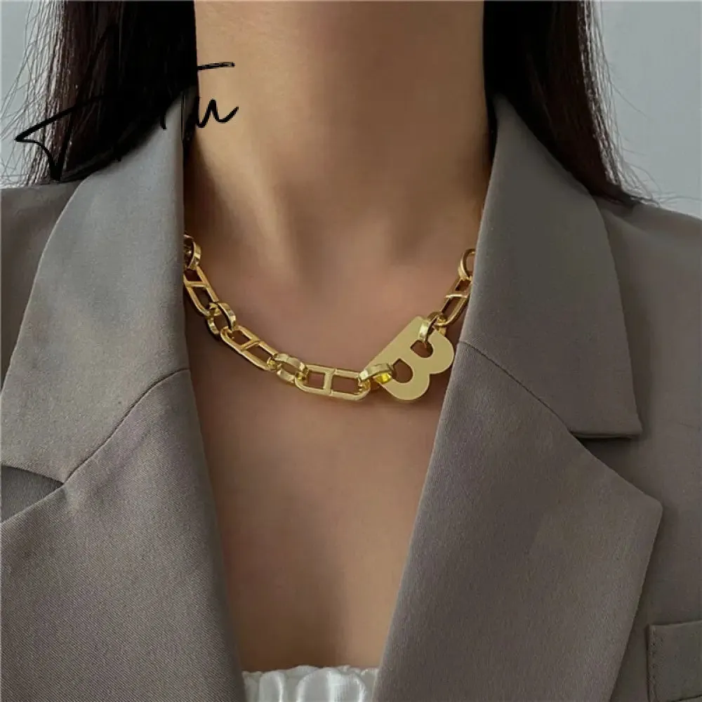 Hiphop Gold Color Metal Big Letter B Earrings Bracelets for Women Wide Thick Link Chain Bracelets Choker Necklace Jewelry Gift