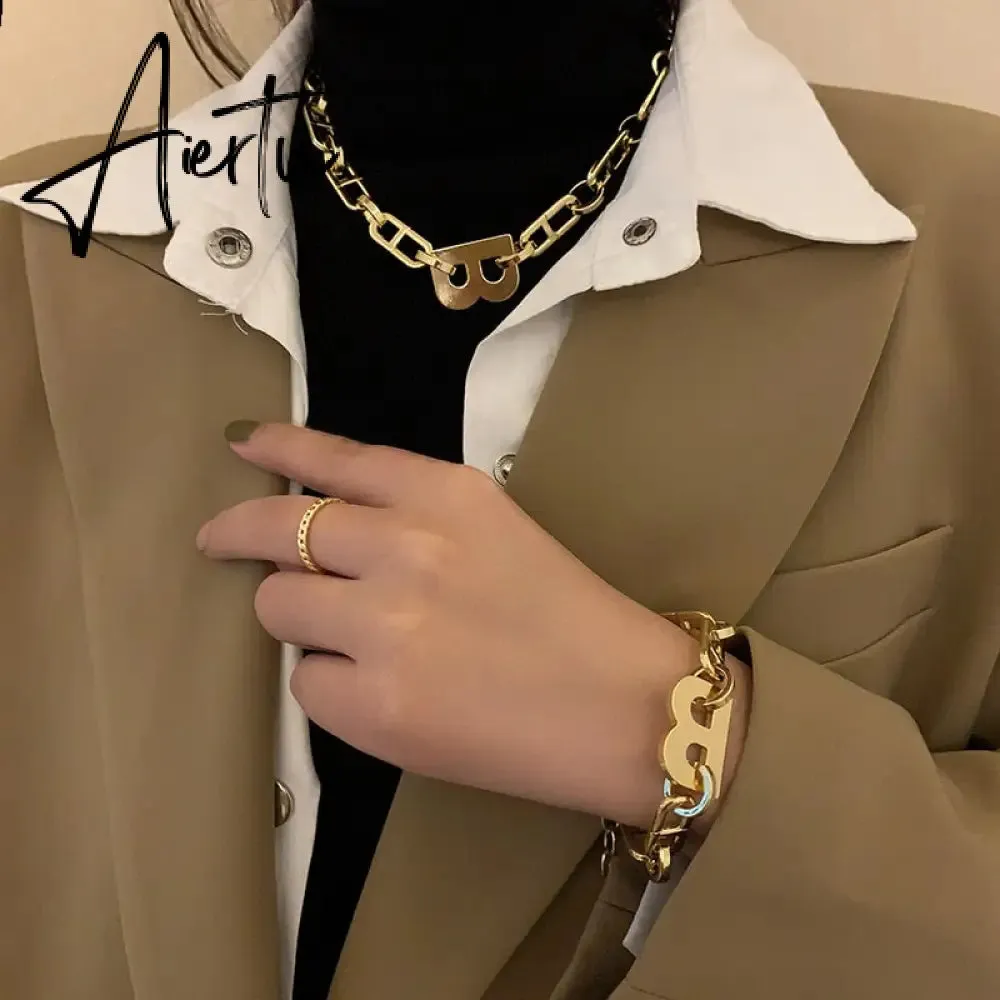 Hiphop Gold Color Metal Big Letter B Earrings Bracelets for Women Wide Thick Link Chain Bracelets Choker Necklace Jewelry Gift