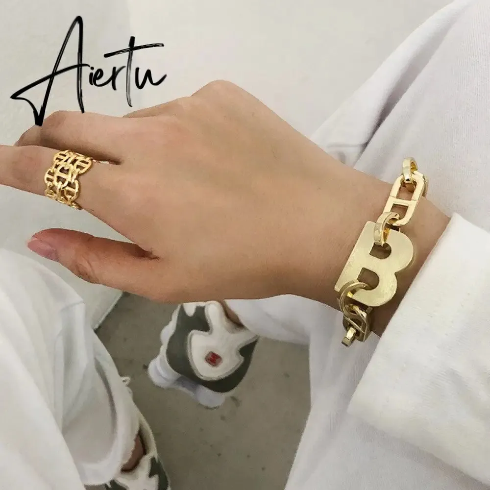 Hiphop Gold Color Metal Big Letter B Earrings Bracelets for Women Wide Thick Link Chain Bracelets Choker Necklace Jewelry Gift