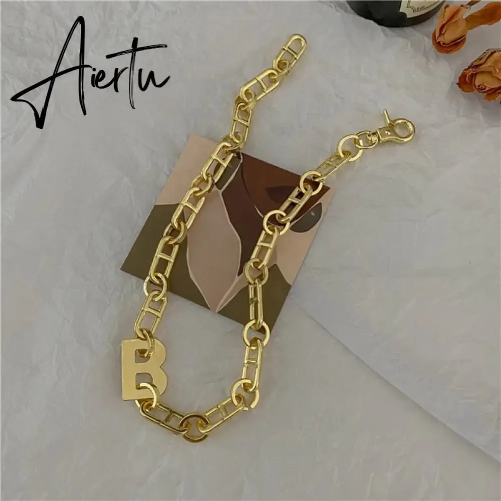 Hiphop Gold Color Metal Big Letter B Earrings Bracelets for Women Wide Thick Link Chain Bracelets Choker Necklace Jewelry Gift