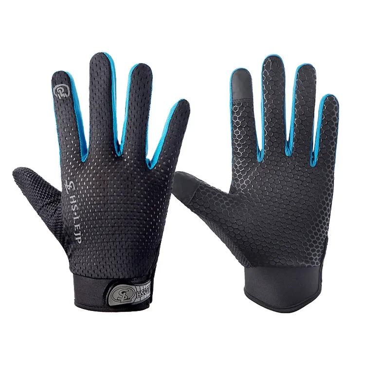 HSLEJP Outdoor Sports Breathable Touch Screen Antiskid Cycling Full Finger Gloves, Size: L(Black Blue)