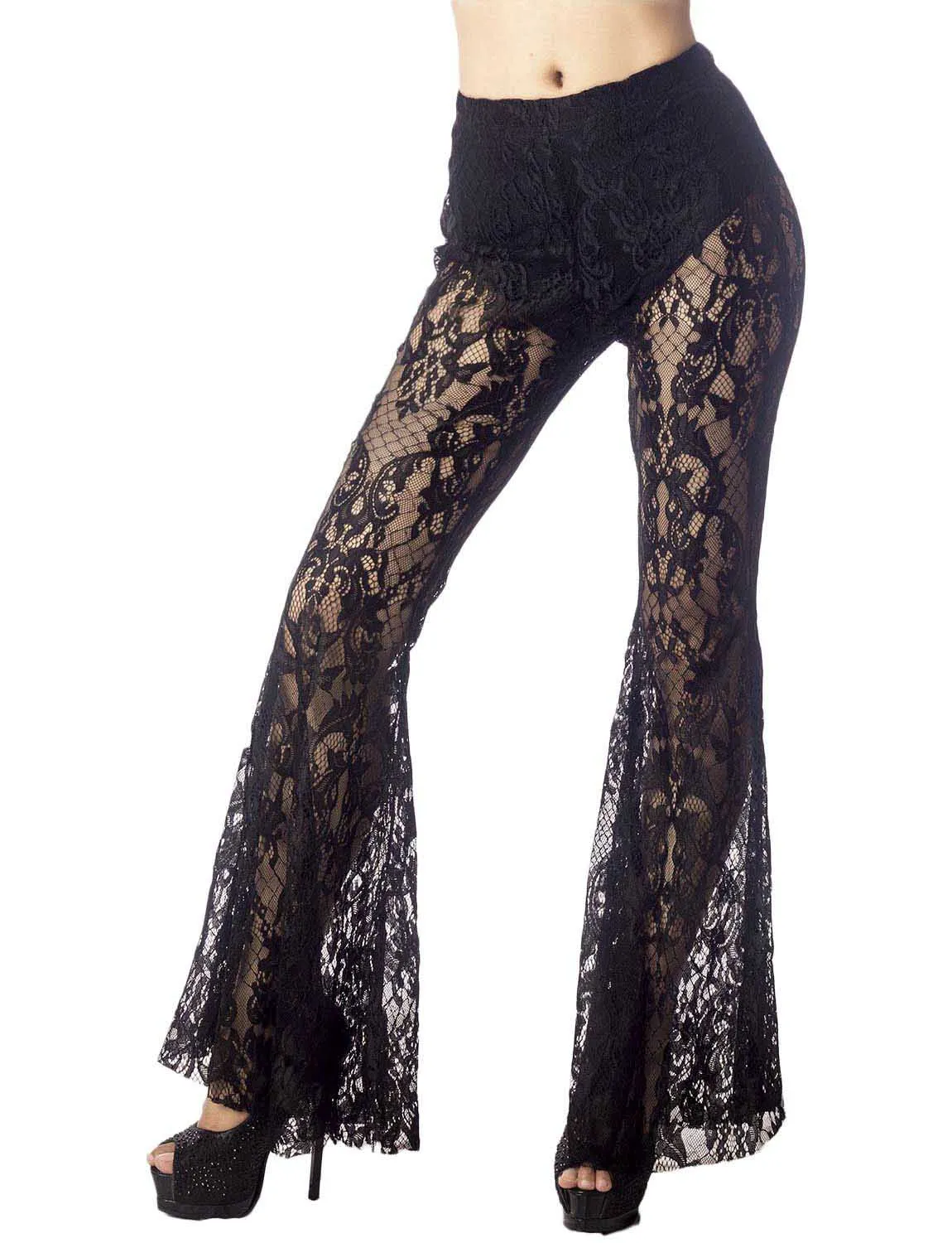 iB-iP Women's Eyelet Lace Crochet Pants Slim Fit And Flare Wide Leg Trouser