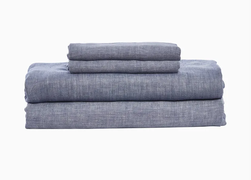 John Robshaw Washed Linen Sheet Set in Indigo - King