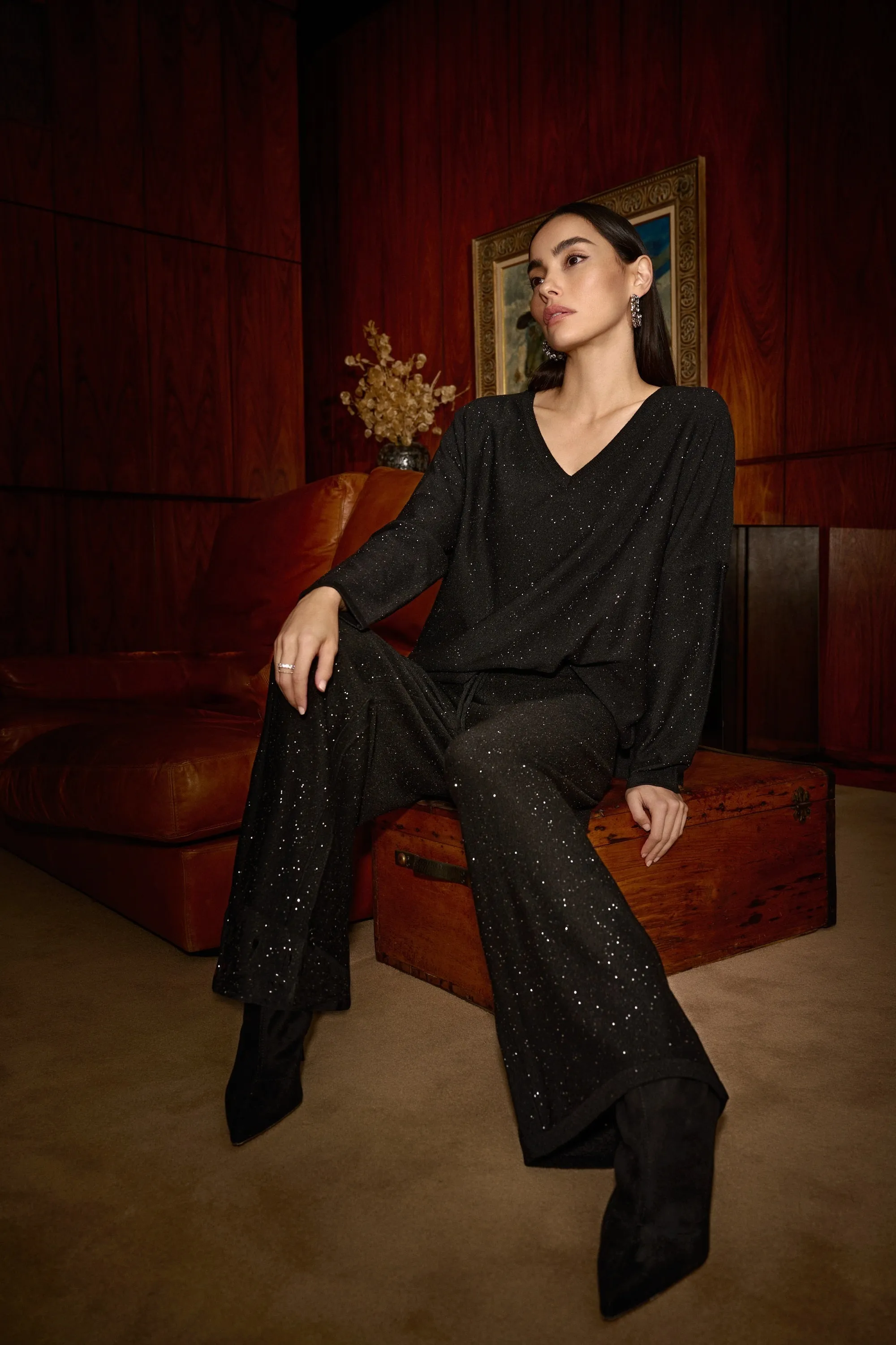 Joseph Ribkoff Knit Glitter Wide Leg Trousers Black