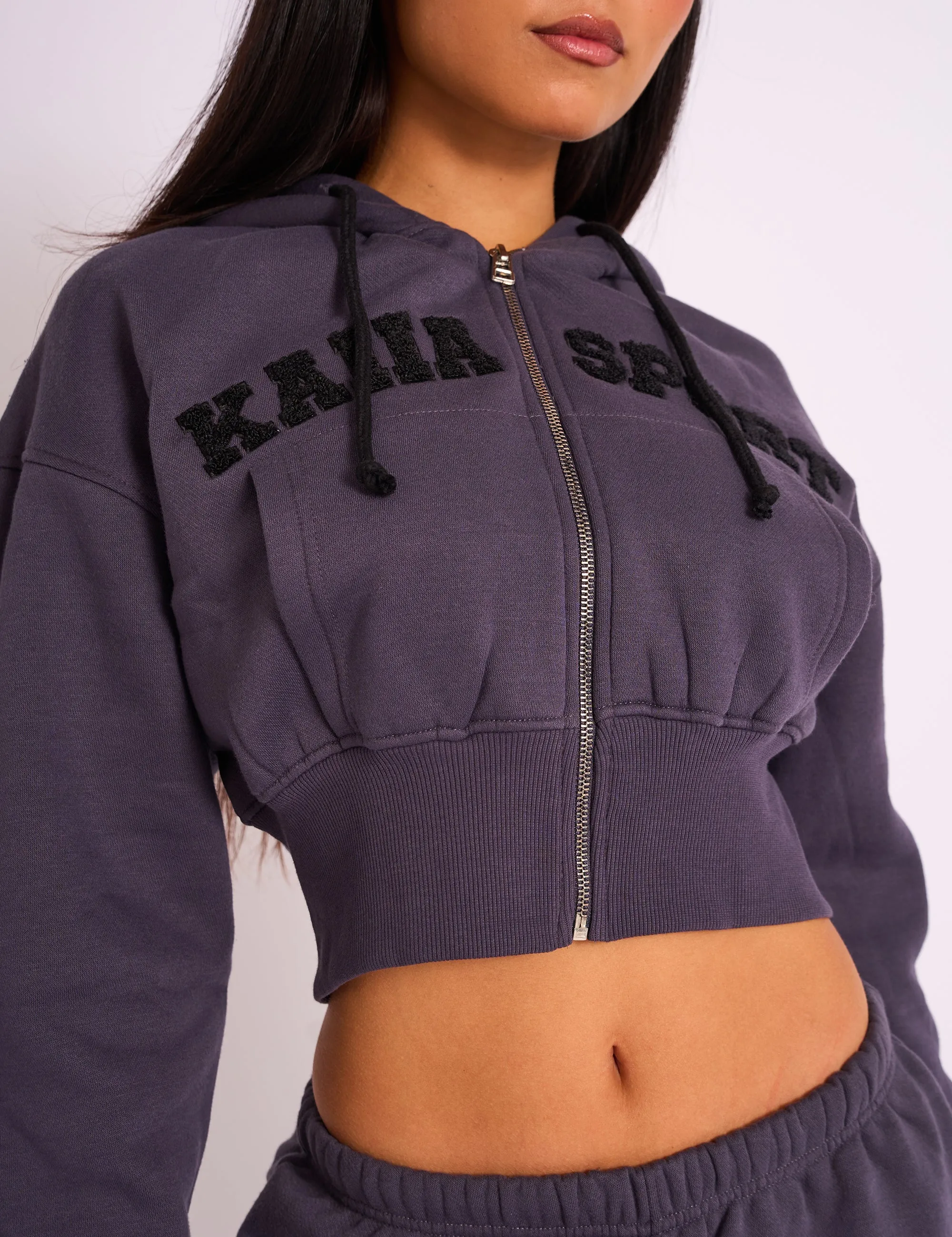 Kaiia Sport Logo Zip Through Cropped Hoodie Dark Grey