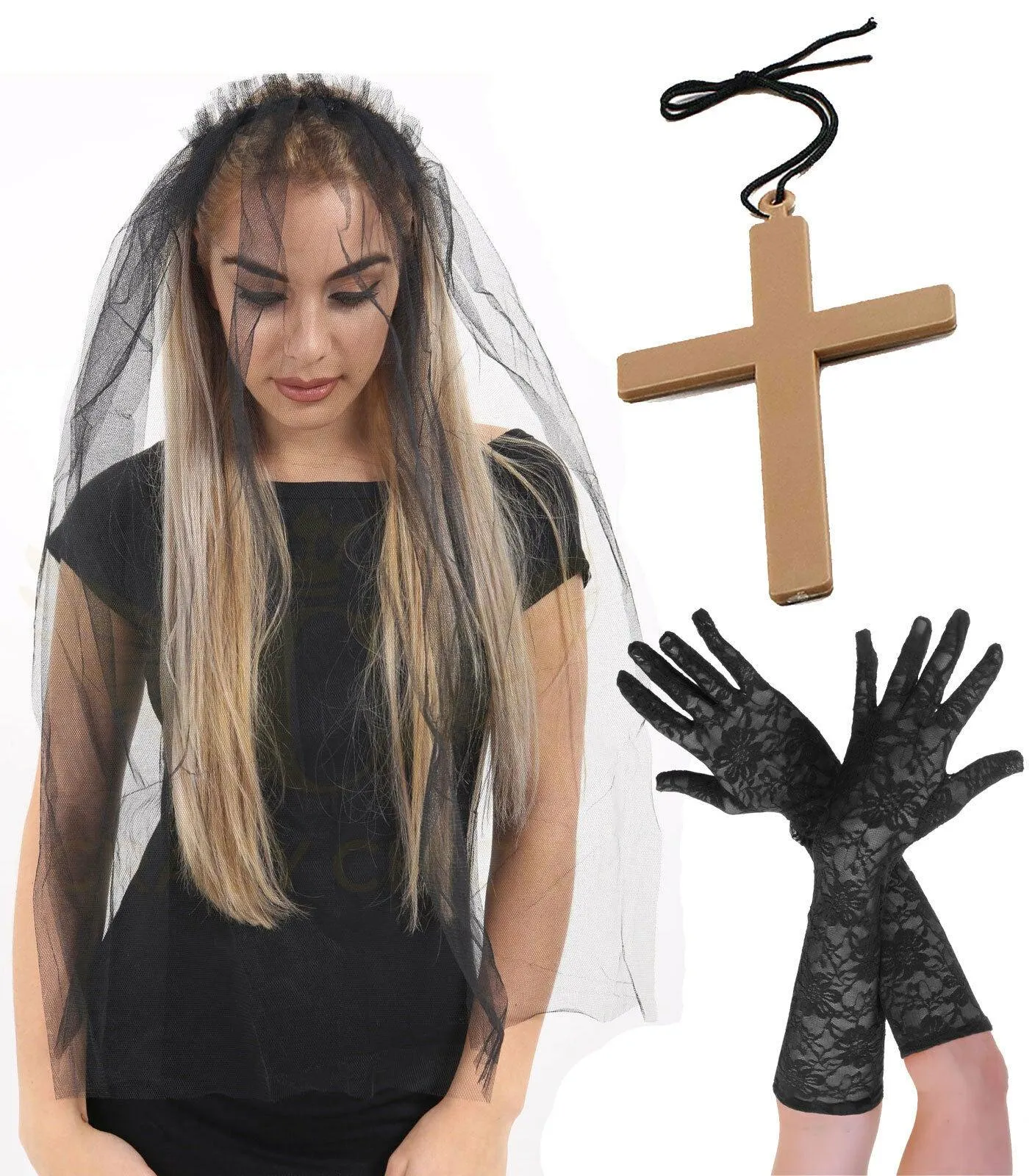 Ladies Black Veil on Hair Band Long Lace Gloves Monk Cross Prom Fancy Dress Set