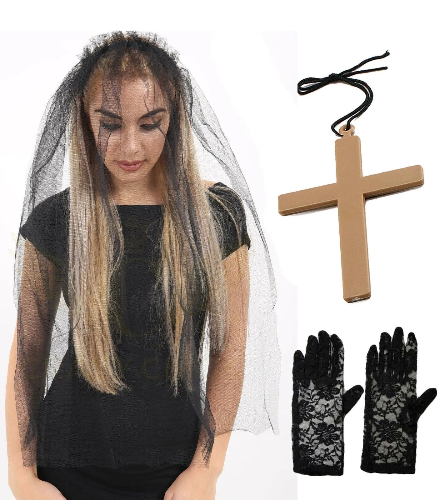 Ladies Girls Veil on Hair Band Lace Gloves Monk Cross Party Evening Fancy Dress