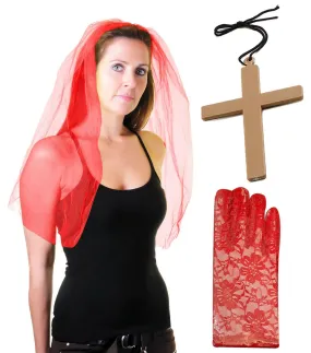 Ladies Red Veil on Hair Band Lace Gloves Monk Cross Christmas Fancy Dress