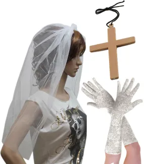 Ladies White Veil on Hair Band Long Gloves Monk Cross Wedding Party Costume