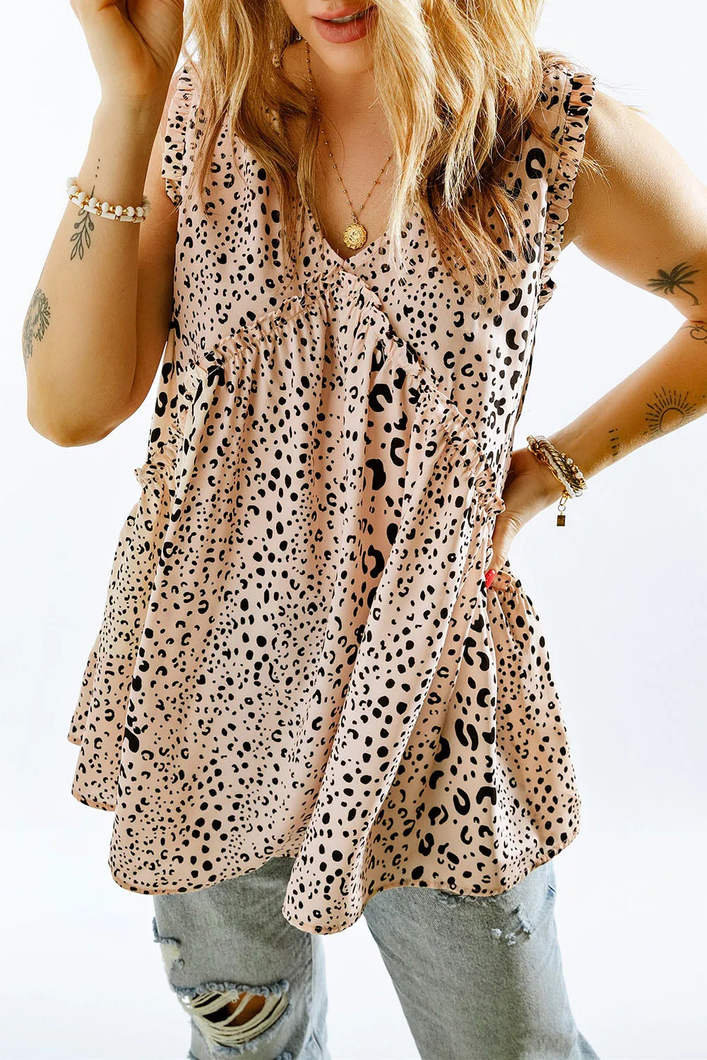 Leopard Frilled Sleeveless Babydoll Top