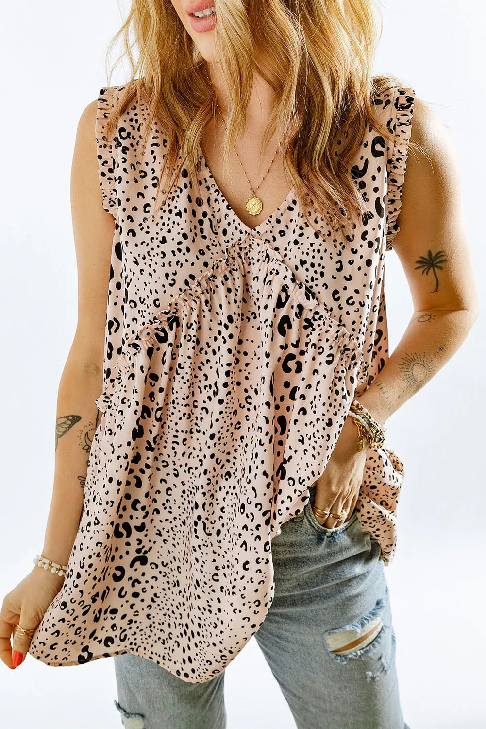 Leopard Frilled Sleeveless Babydoll Top