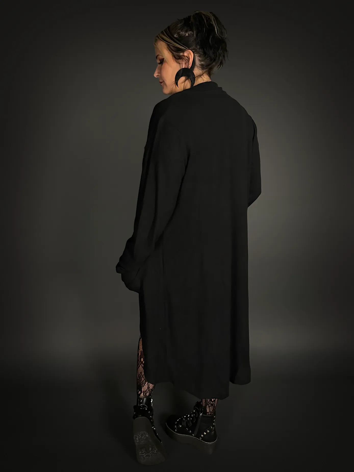 Long Sleeve Full-length Duster Cardigan Sweater with Pockets in Black