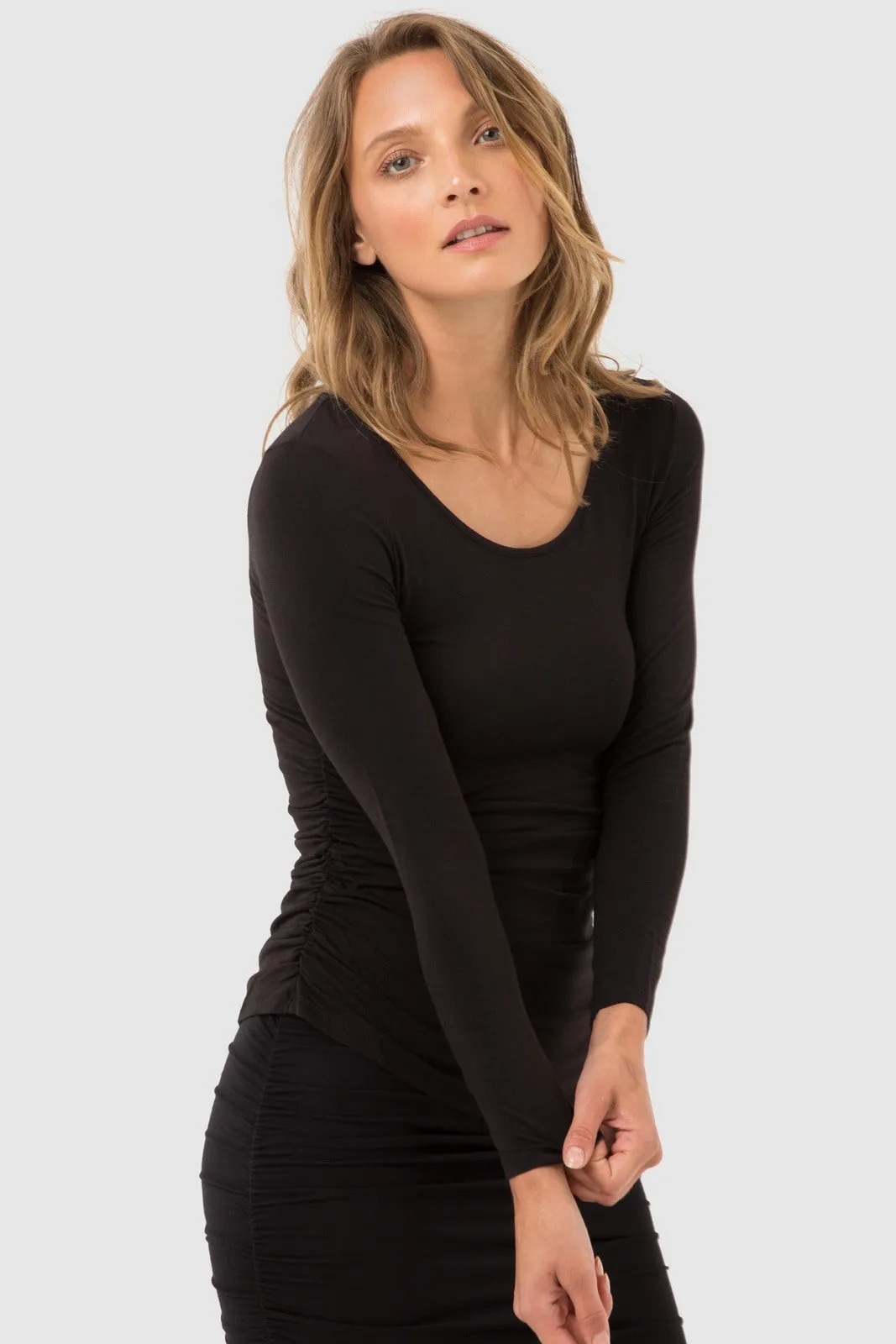 Long Sleeve Ruched Bamboo Tee - Black