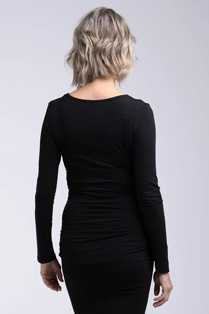 Long Sleeve Ruched Bamboo Tee - Black