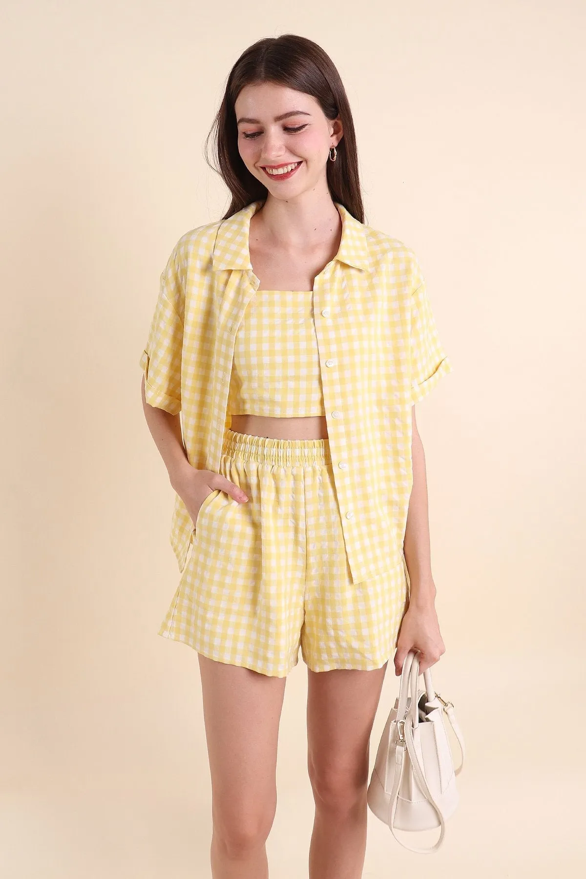 MADEBYNM ISOLA GINGHAM BUTTONED SHIRT IN YELLOW