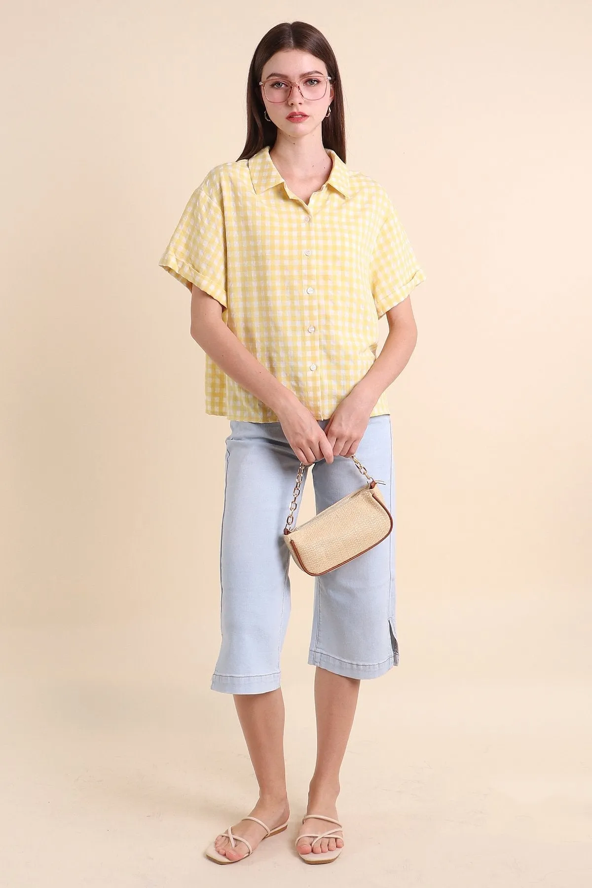 MADEBYNM ISOLA GINGHAM BUTTONED SHIRT IN YELLOW