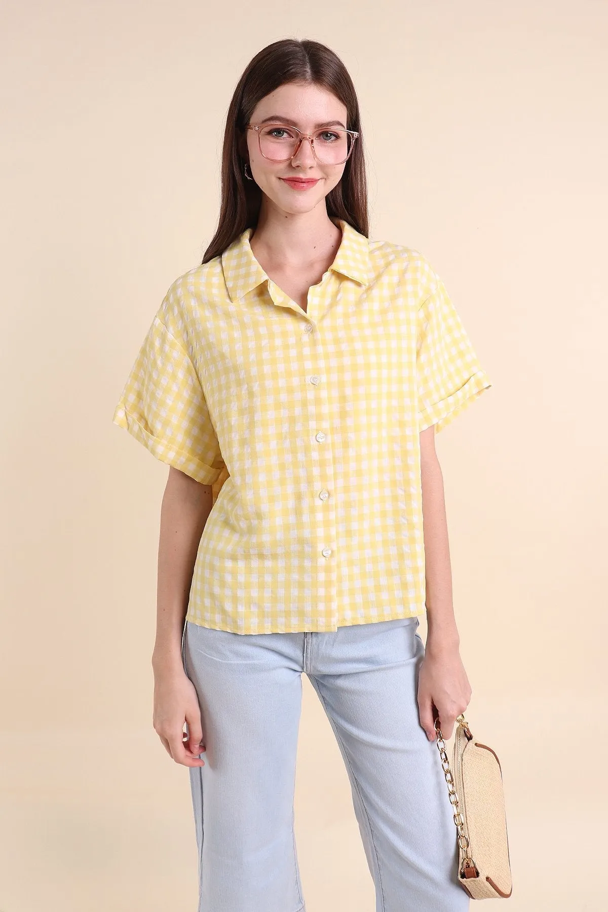 MADEBYNM ISOLA GINGHAM BUTTONED SHIRT IN YELLOW