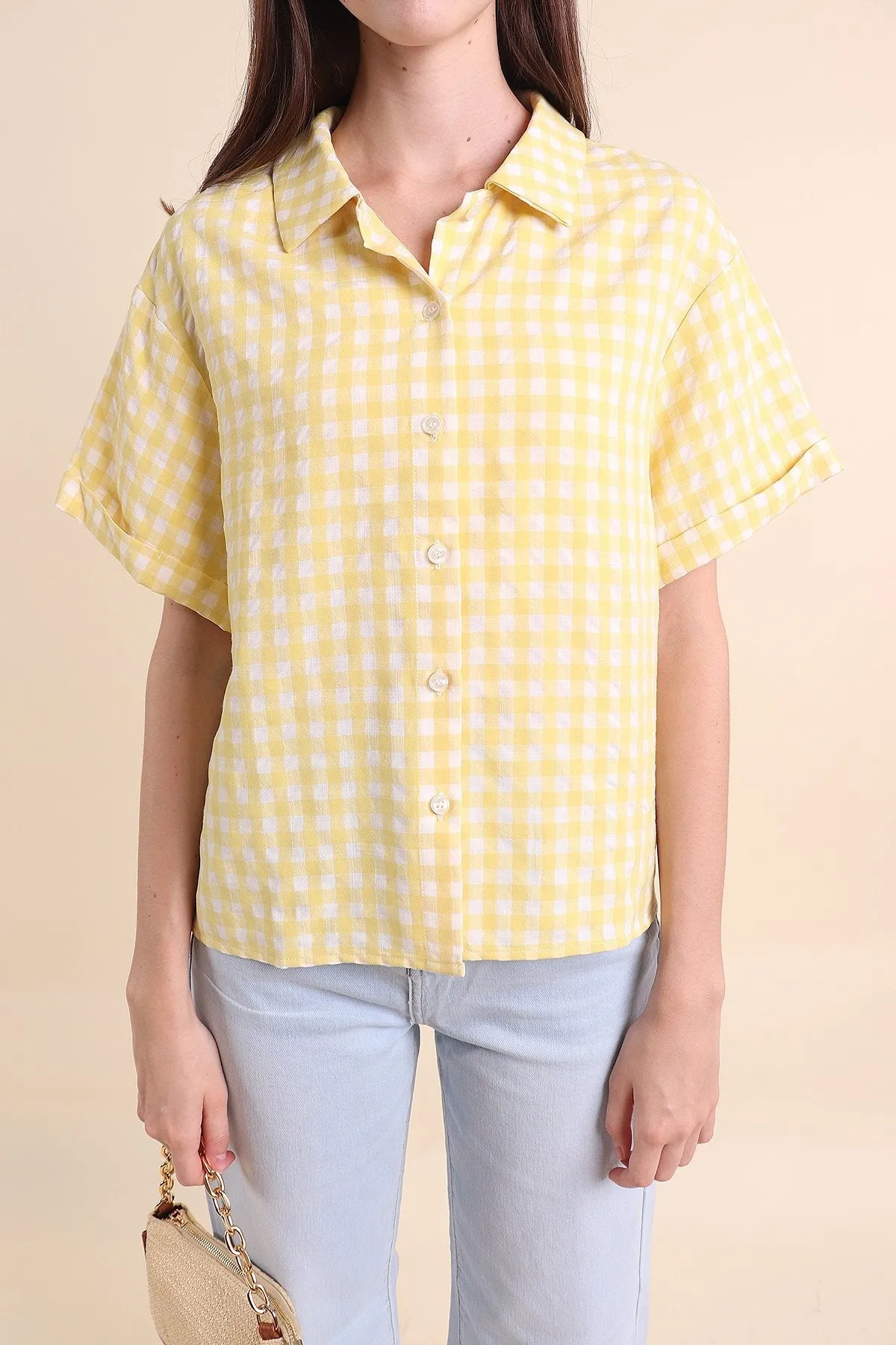 MADEBYNM ISOLA GINGHAM BUTTONED SHIRT IN YELLOW