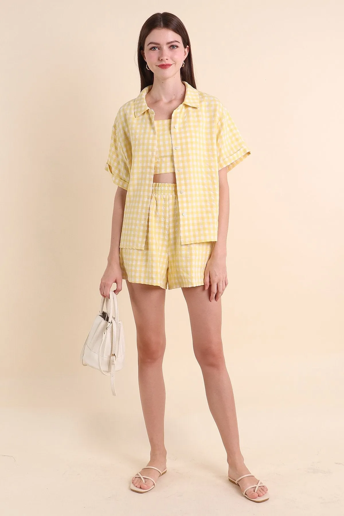 MADEBYNM ISOLA GINGHAM BUTTONED SHIRT IN YELLOW