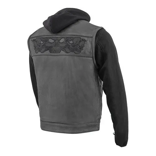 Men's Black Leather Vest with Reflective Skulls & Full Hoodie Liner 3563