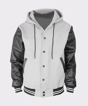 Men’s Hoodie Faux Leather Cotton Baseball Varsity Jacket Gray