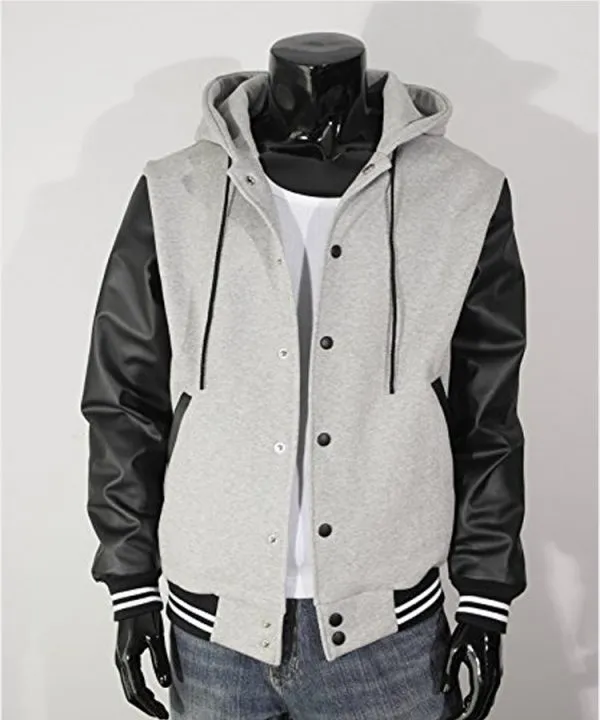 Men’s Hoodie Faux Leather Cotton Baseball Varsity Jacket Gray