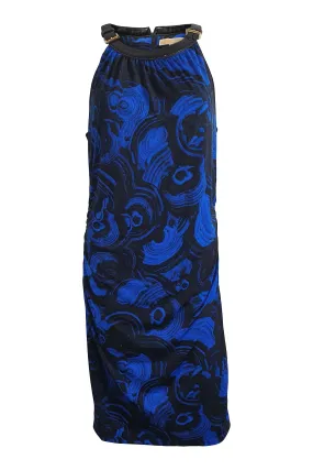 MICHAEL KORS Blue Halter Neck Graphic Print Jersey Bodycon Dress (L)