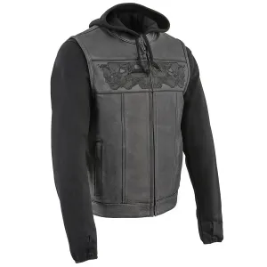 Milwaukee Leather Men's Black Leather Vest with Reflective Skulls & Full Hoodie Liner