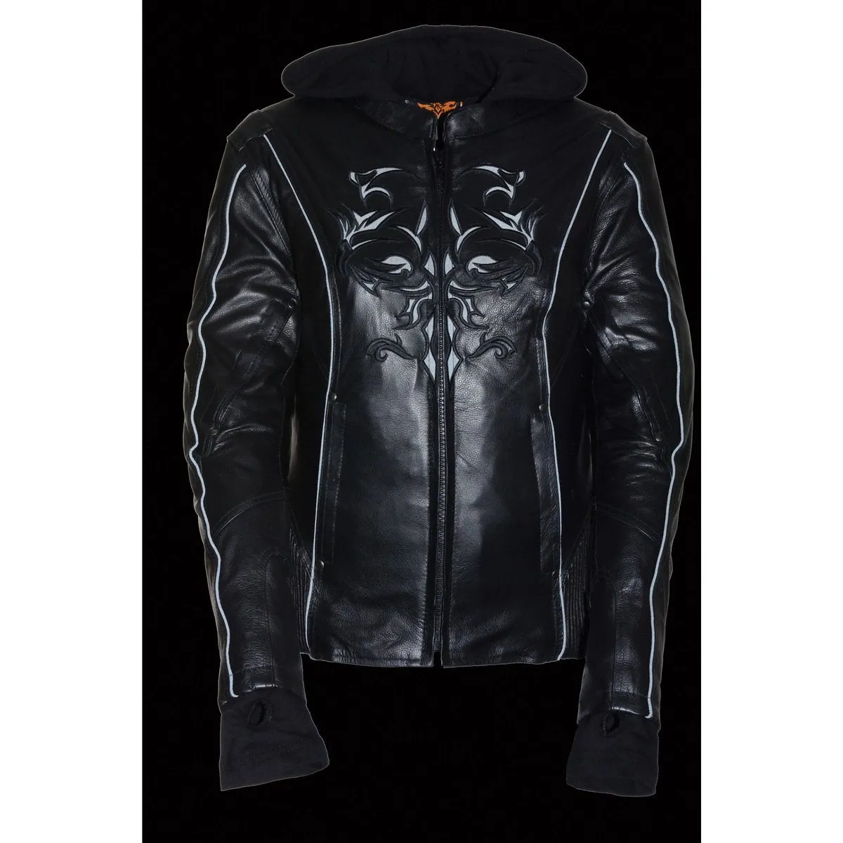 Milwaukee Leather ML2066 Women's 3/4 Black Leather Hoodie Jacket with Reflective Tribal Design