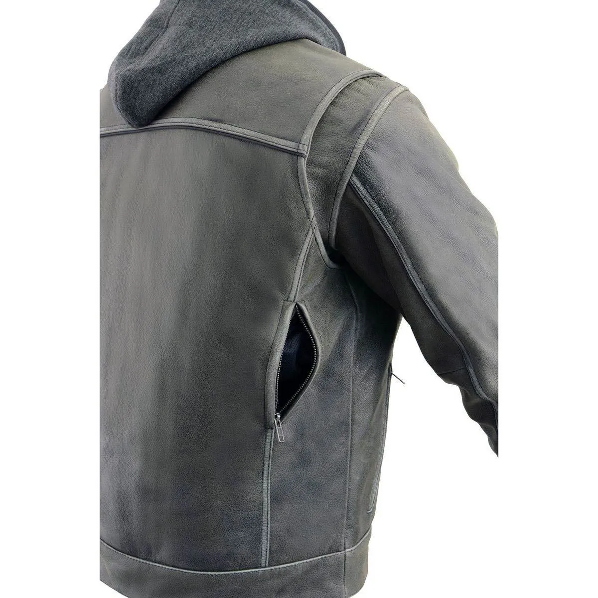 Milwaukee Leather MLM1539 Men's Distressed Grey Leather ‘Utility Pocket’ Vented Jacket with Removable Hoodie