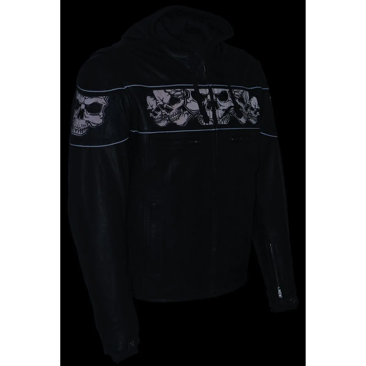 Milwaukee Leather MLM1563 Men's Black Leather Scooter Style Motorcycle Jacket with Reflective Skulls w/ Hoodie