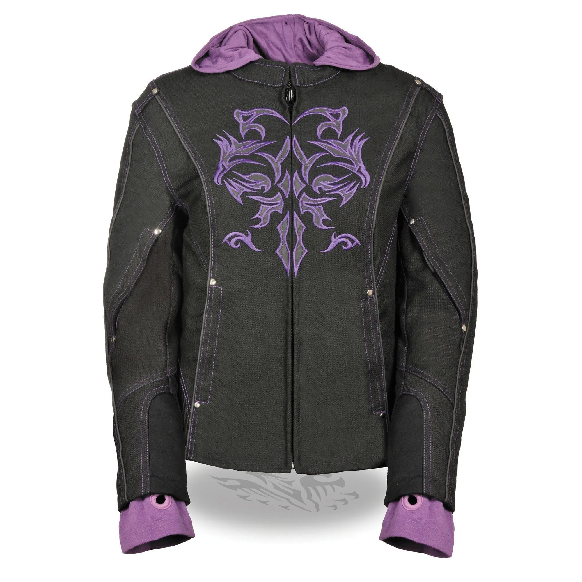 Milwaukee Leather MPL1967 Women's 3/4 Hooded Black and Purple Textile Jacket with Reflective Tribal Detail