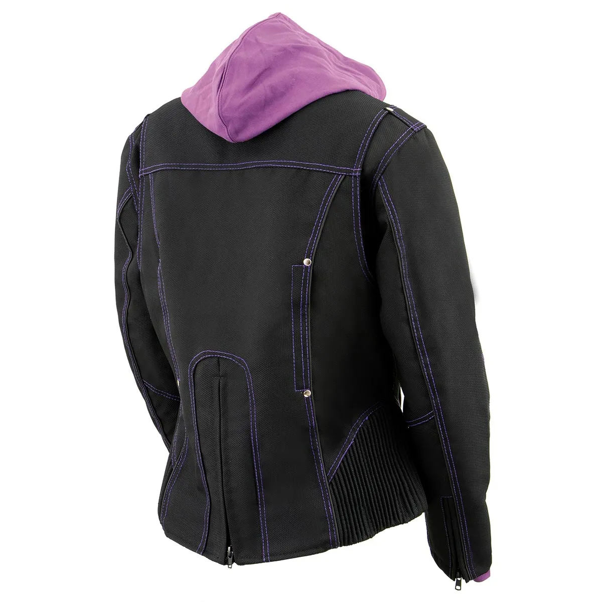 Milwaukee Leather MPL1967 Women's 3/4 Hooded Black and Purple Textile Jacket with Reflective Tribal Detail