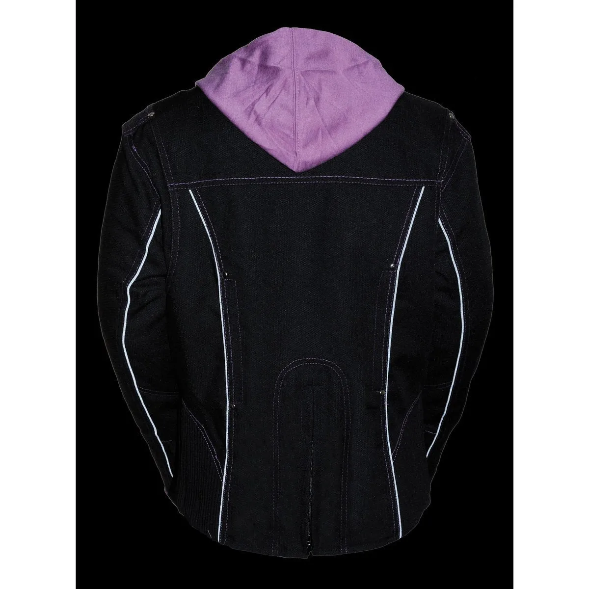 Milwaukee Leather MPL1967 Women's 3/4 Hooded Black and Purple Textile Jacket with Reflective Tribal Detail