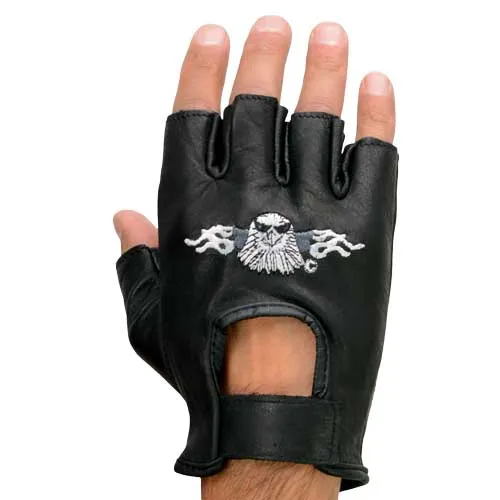 Milwaukee Leather SH352 Men's Black Leather Gel Padded Palm Fingerless Motorcycle Hand Gloves W/ ‘Embroidered Flaming Eagle’