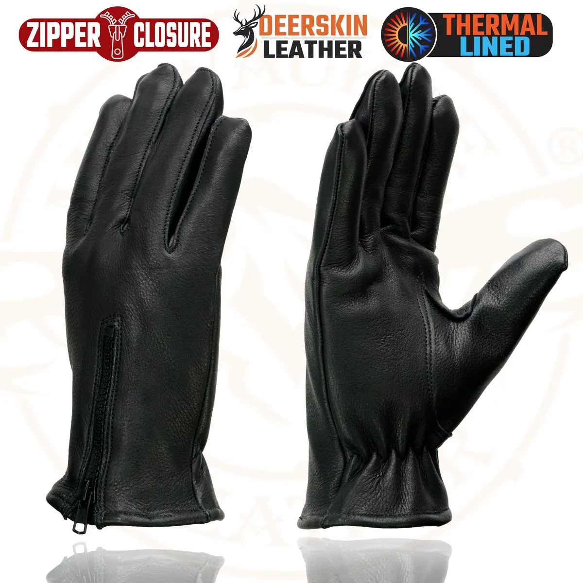 Milwaukee Leather SH866 Men's Black Thermal Lined Deerskin Motorcycle Hand Gloves W/ Wrist Zipper Closure