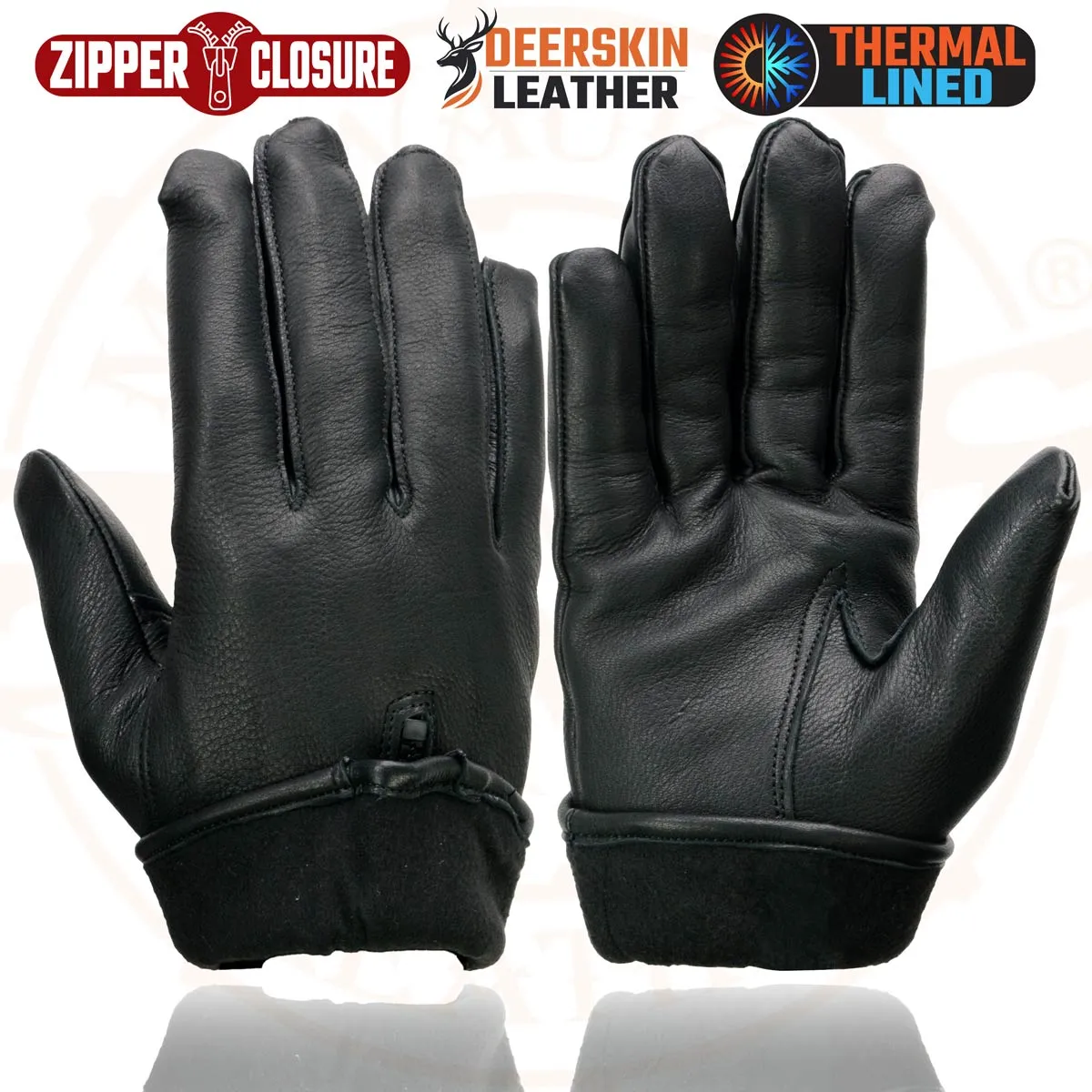 Milwaukee Leather SH866 Men's Black Thermal Lined Deerskin Motorcycle Hand Gloves W/ Wrist Zipper Closure