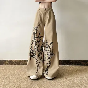 Minimalist Vintage Printed High Waist Slimming Woven Casual Pants Women Loose Street Drape Wide Leg Pants