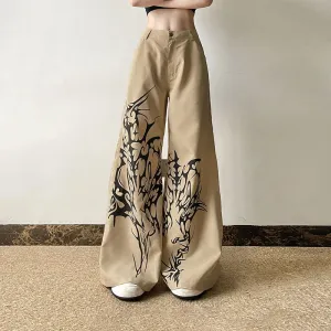 Minimalist Vintage Printed High Waist Slimming Woven Casual Pants Women Loose Street Drape Wide Leg Pants