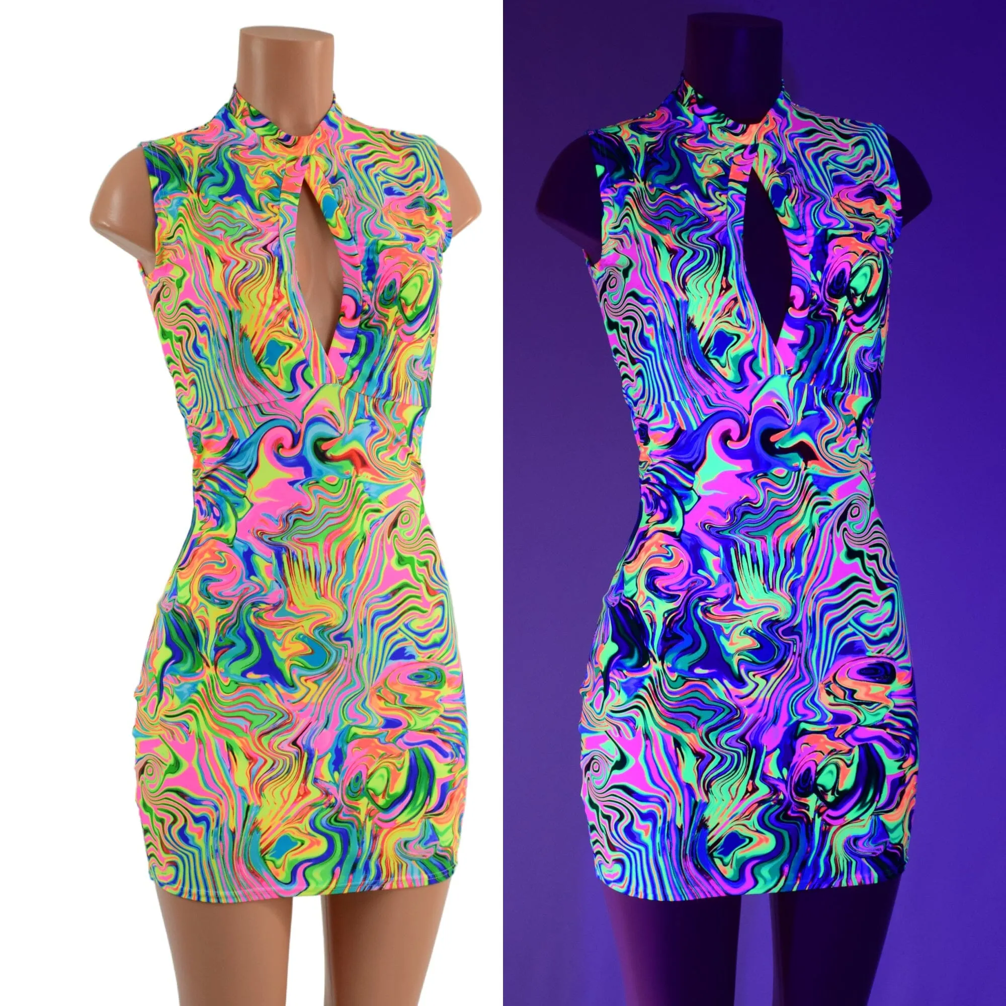 Neon Flux Bodycon Sleeveless Dress with Keyhole Neckline and Back Zipper